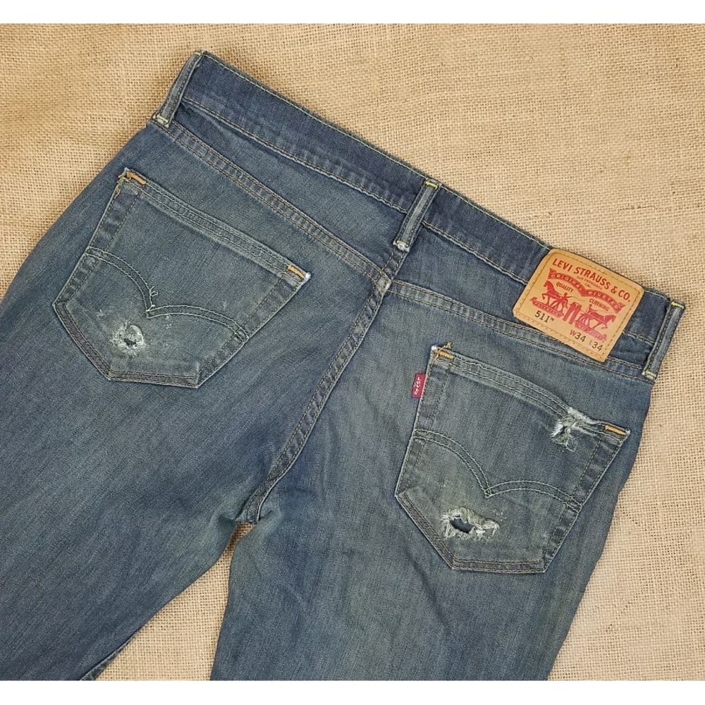 Levi's 511‎ mens blue denim jeans 34/34 distress medium wash straight leg grunge